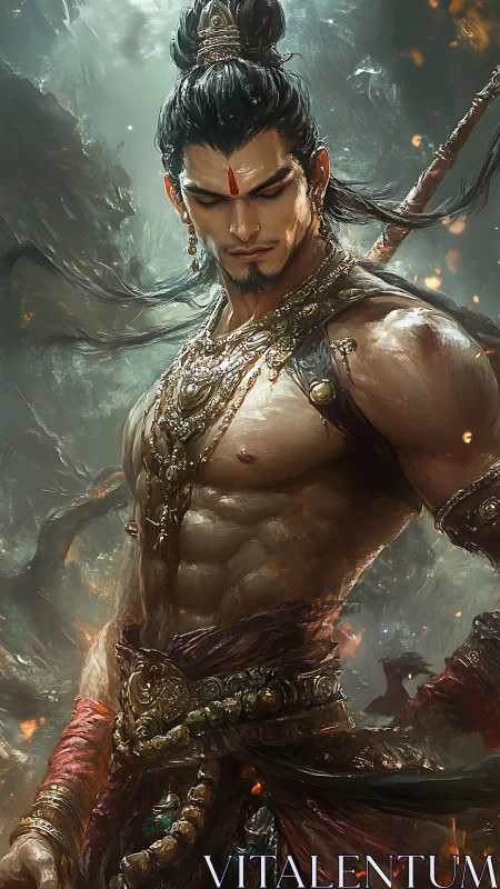 Storm-forged warrior prince glows in ember-lit tempest.