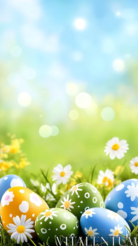 Pastel egg meadow under daisy-bright springtime sky.