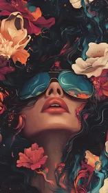 Surreal woman in neon florals emerges from dreamlike shadows