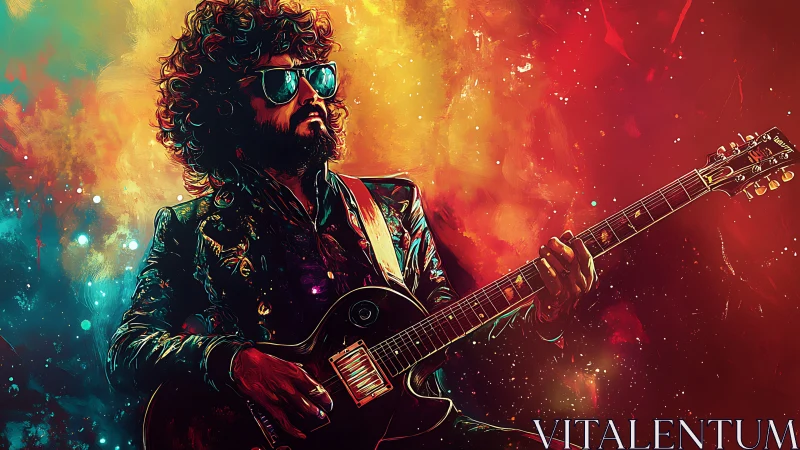 Starlit riffs spill from a neon crowned cosmic guitarist king