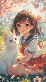 Schoolgirl with white cat under pink cherry blossoms.