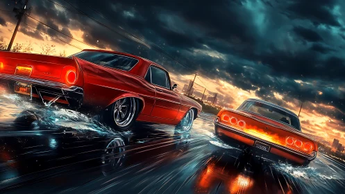 Muscle cars race through neon reflections on wet highway