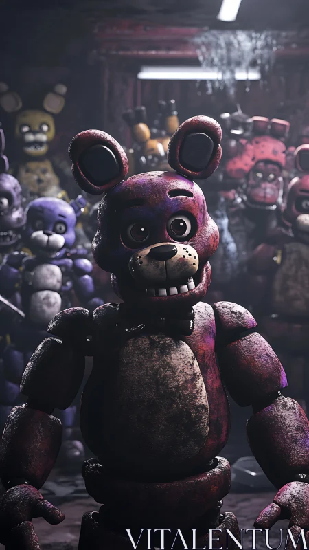 Rust-bitten animatronic bear stares down the haunted dark.