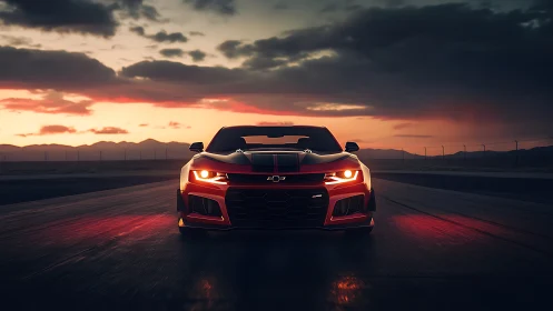 Red Chevrolet sports car on highway at sunset front view.
