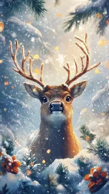 Deer with antlers in snowy conifer forest vertical scene.