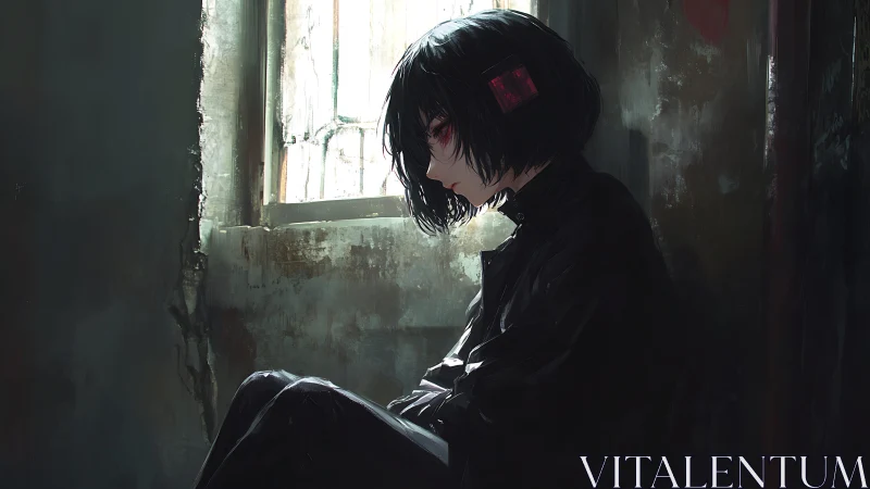 Rain-soaked thoughts curl around the crimson-eyed sitter