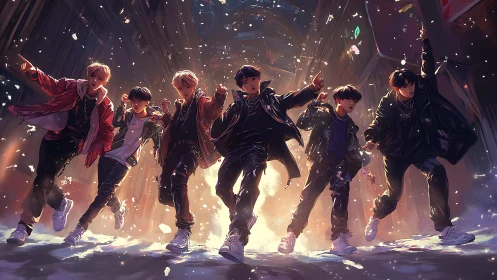 Dynamic street dance lineup in cinematic digital painting style.