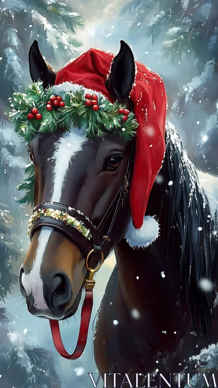 Winter portrait of bridled bay horse in festive attire.