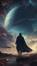 Shadowed warlord strolling beneath a wounded death sphere.