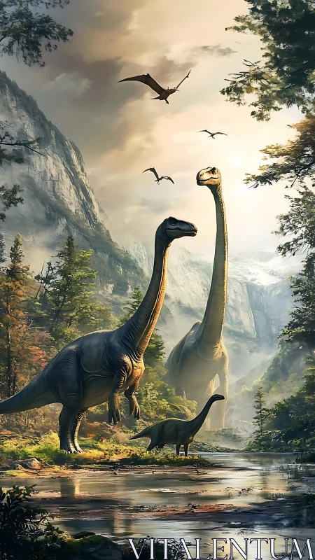 Gentle dinosaurs wandering a golden prehistoric valley.