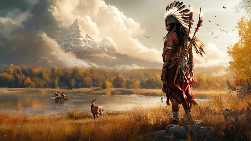 Native warrior overlooking river, mountains and elk scene.