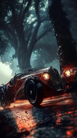 Retro roadster under dynamic rain lighting on wet forest roadway