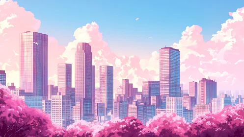 Urban skyline stands behind stylized pink foliage under clouds
