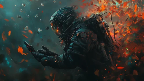 Armored astronaut studies glowing butterflies in firestorm.