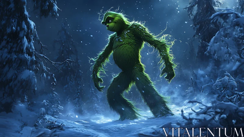 Emerald mischief-walker roaming a moonlit winter labyrinth.