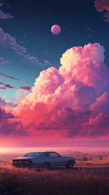 Dusk highway drifter beneath candy nebula clouds and moon.