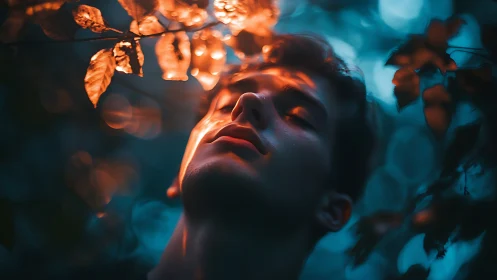 Man bathed in orange forest light against teal bokeh dusk