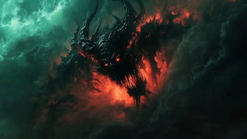 Digital painting of demonic fire entity in storm clouds.