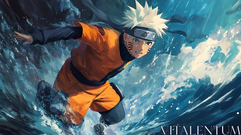Anime ninja charging across crashing ocean waves in motion.