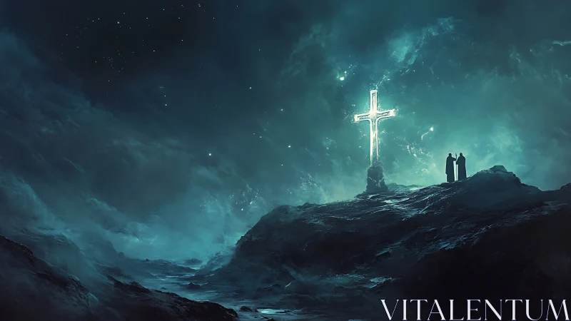 Glowing cross rises above misty ridge under starry night sky.