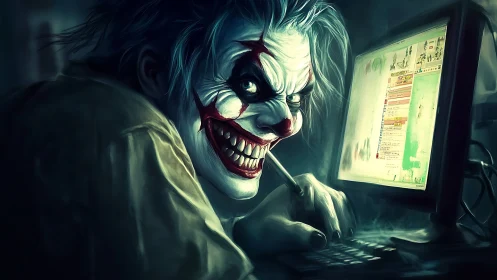 Sinister clown hacker grins at a glowing computer screen.