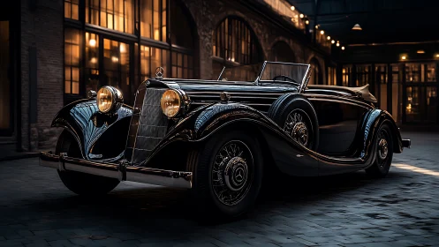 Elegant vintage roadster glows softly in a warm city courtyard