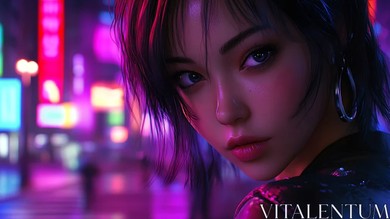 Woman looks back in neon city street at night