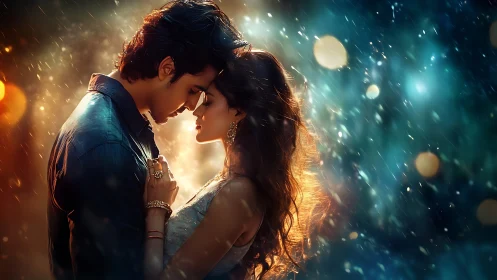 Romantic Couple Embraced in Luminous Bokeh Rain.