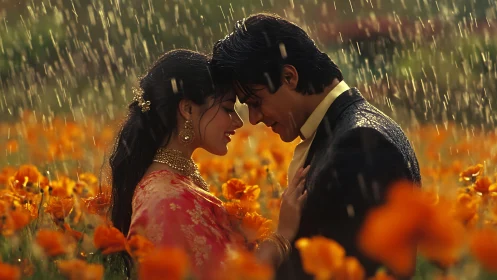 Romantic Encounter in Rain-Soaked Marigold Field.