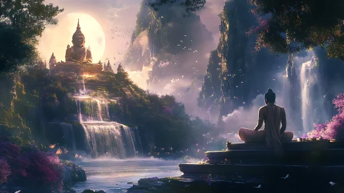 Luminous waterfall temple with meditating figure at moonrise.