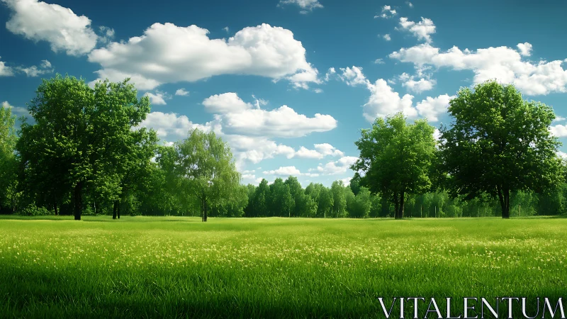 Grassy meadow with scattered deciduous trees under clouds.