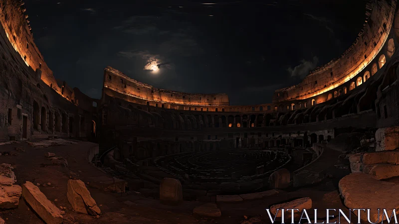 Lunar-lit Roman Colosseum interior in nocturnal panorama.
