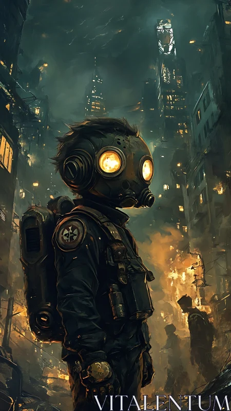 Figure in gas mask within burning high-rise ruins at night.