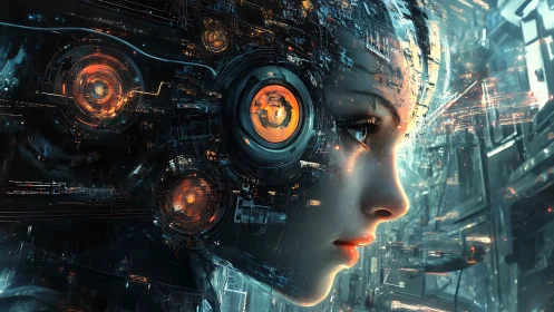 Cybernetic female profile integrates glowing neural interface rings