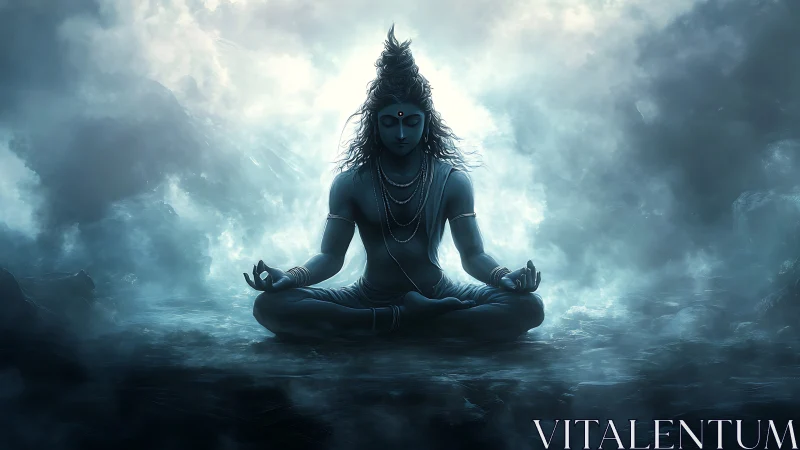 Meditating blue deity sits in misty mountain void