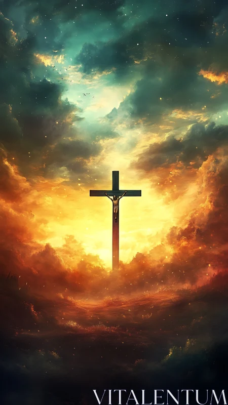 Crucifix silhouette framed by dramatic glowing sky.