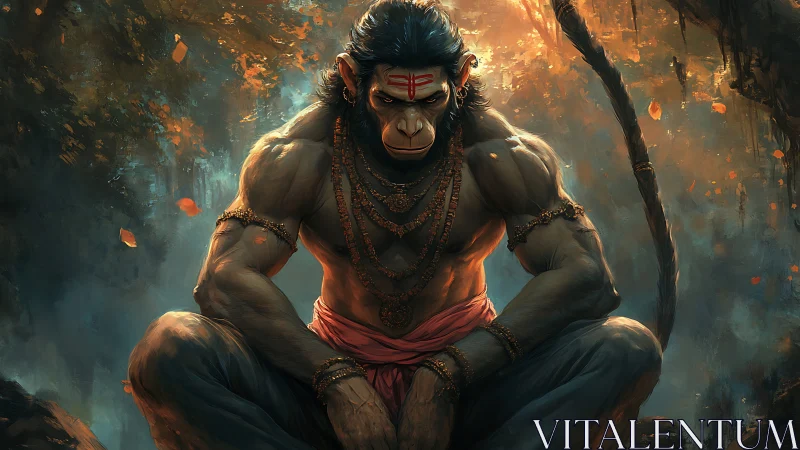 Jungle monk ape warrior glows in storm-stilled silence.