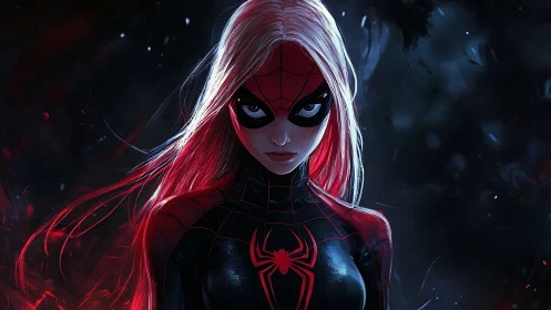 Fierce spider-heroine glowing with bold, electric energy.