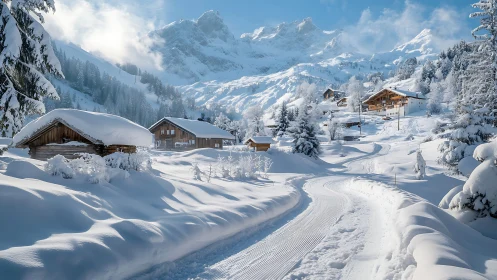 Sunlit alpine village wrapped in fresh winter snowdrifts.