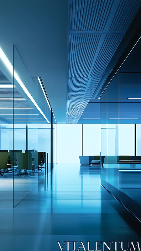 Modern Glass Office Interior with Blue Architectural Design.