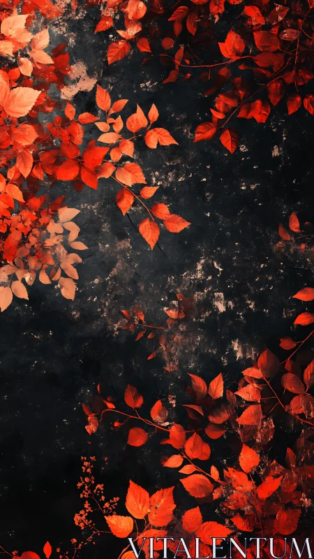 Red botanical foliage is arranged against dark textured ground