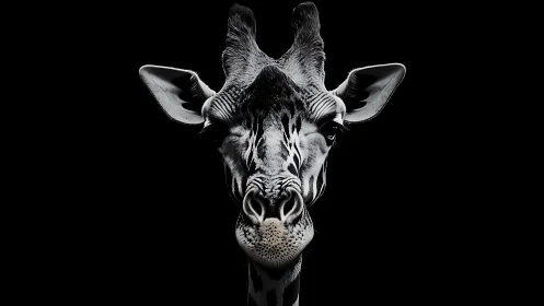 Monochrome giraffe portrait on deep black background.