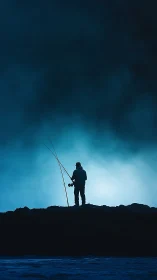 Lone shoreline angler silhouette under deep blue mist