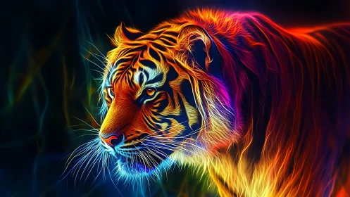 Neon colored tiger profile rendered in glowing abstract lines.
