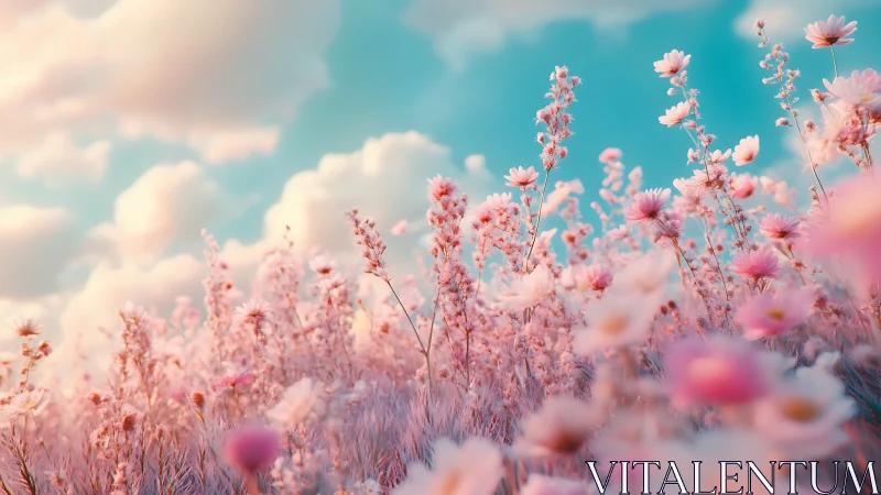 Pink flower field under turquoise sky with clouds