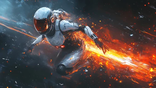 Supersonic exo-suited astronaut surfing a plasma ignition trail.