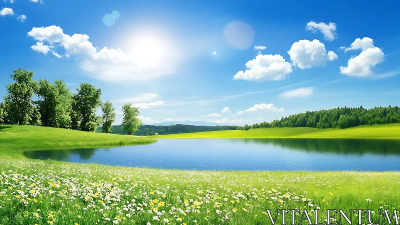 Gentle summer lake rests under a bright blue, cloudlit sky