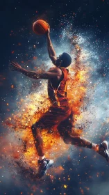 Basketball player jumps toward hoop through fiery particle burst