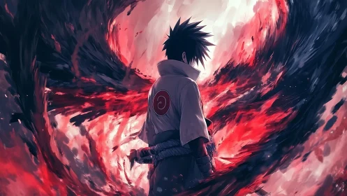 Anime swordsman stands amid swirling red and black energy