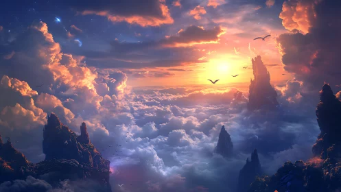 Radiant fantasy sunrise crowns floating peaks above clouds